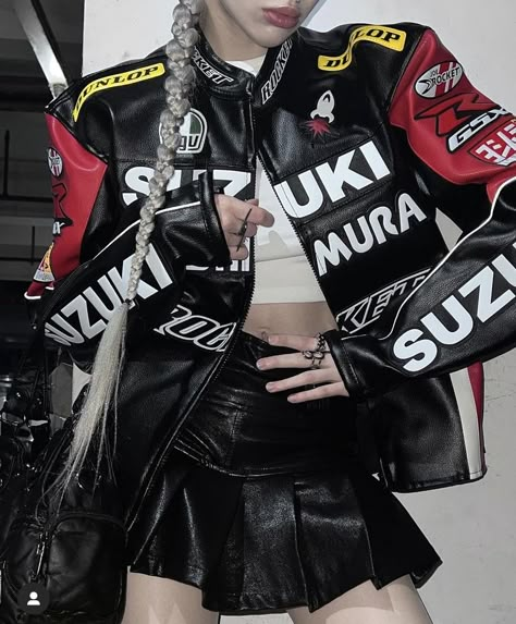 Female Racer Outfits, Streetrace Aesthetic Outfits, Race Queen Outfit, Racing Aesthetic Outfit, Street Racer Outfit, Racer Outfit Women, Race Outfit Women, Racer Jacket Outfit Women, Vtuber Character Design