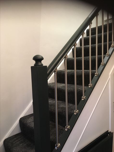 Black Banister With Carpet Stairs, Black Carpet Living Room Ideas, Black Carpet On Stairs, Black Stairs Carpet, Black Bannister White Spindles, Dark Handrail White Spindles, Paint Bannister Black, Black Bannister Grey Carpet, Black Stairs Grey Carpet