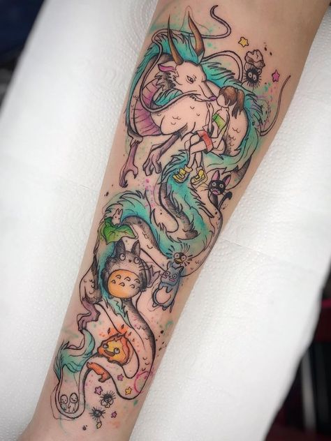 Mashup Tattoo, Miyazaki Tattoo, Tatuaje Studio Ghibli, Studio Ghibli Tattoo, Fox Tattoo Design, Ivory Tower, Spirit Tattoo, Ghibli Tattoo, Sick Tattoo