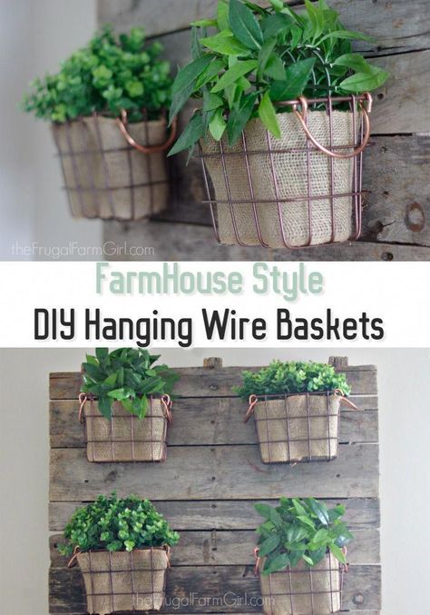 Looking to add some Farmhouse style to your home? Learn how to create these Farmhouse Style DIY Hanging Wire Baskets. via @frugalfarmgrl #diyfarmhousedécor Plant Basket Diy, Hanging Wire Basket, Plant Ideas, Plant Basket, Diy Basket, Wire Basket, Chicken House, Plant Stands, Rustic Farmhouse Style