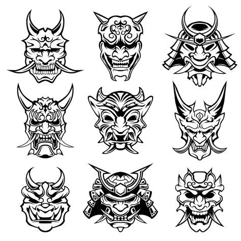 Premium Vector | Set of vintage samurai mask vector bundle elements samurai warrior design illustration Samurai Flash Tattoo, Oni Samurai Tattoo, Back Tattoo Japanese Style, Samurai Mask Art, Japanese Warrior Mask, Mascara Samurai, Hanya Mask Tattoo Design, Oni Mask Tattoo Design, Dainty Tats