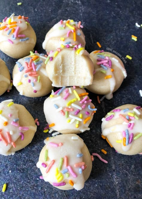 BIRTHDAY CAKE PROTEIN TRUFFLES (KETO) – No Excuses Nutrition Birthday Cake Protein, Protein Truffles, Protein Baking, High Protein Desserts, Protein Cake, Protein Treats, Low Carb Protein, Protein Powder Recipes, Protein Desserts