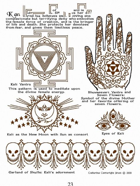 Indian Tribals Drawing, Kali Symbol Tattoo, Kundalini Back Tattoo, Hinduism Tattoos Symbols, Henna Symbols And Meanings, Tibetan Mandala Tattoo, Kali Symbol, Bengali Tattoo, Kali Yantra