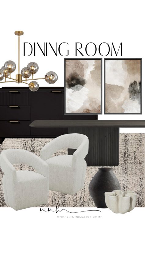 Modern and neutral dining room inspo. DINING // DINING ROOM // DINING ROOM DECOR // DINING TABLE // DINING CHAIRS // DINING ROOM TABLE // DINING ROOM CHAIRS // DINING ROOM LIGHT // DINING ROOM CHANDELIER // DINING ROOM RUG // NEUTRAL ART // NEUTRAL DINUBG ROOM DECOR // ROOM DECOR Follow my shop @modern.minimalist.home on the @shop.LTK app to shop this post and get my exclusive app-only content! #liketkit #LTKfindsunder100 #LTKhome #LTKstyletip @shop.ltk Black And Cream Dining Room, Shared Living And Dining Room, Luxe Dining Room, Cream Dining Room, Modern Dining Area, Dining Room Inspo, Light Dining Room, Chandelier Dining Room, Neutral Dining Room