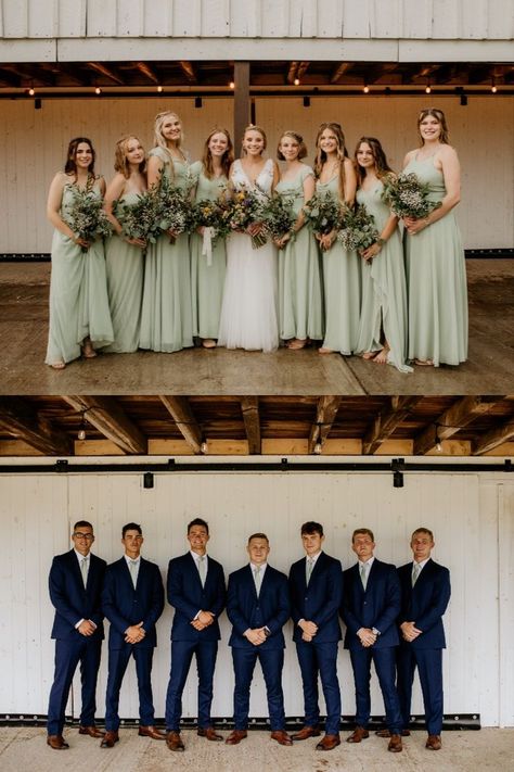 Sage Green Navy And Grey Wedding, Sage Green Bridesmaid Navy Groomsmen, Sage Green And Dusty Blue Wedding Bridesmaid Dress, Dusty Sage Bridesmaid Dresses With Navy Suits, Sage Green Groomsmen Socks, Navy Blue Suit With Sage Green Tie, Navy And Sage Suit Wedding, Navy Blue Tux With Sage Green Tie, Sage Bridesmaid Navy Groomsmen