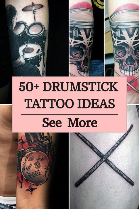 50+ Drumstick Tattoo Ideas Drum Tattoo Ideas Drummers, Drummer Tattoo Ideas Minimalist Style, Drumstick Tattoo Ideas, Percussion Tattoo, Drum Tattoo Ideas For Women, Drum Tattoos For Men, Drummer Tattoo Ideas, Drums Tattoo Ideas, Drum Tattoo Ideas