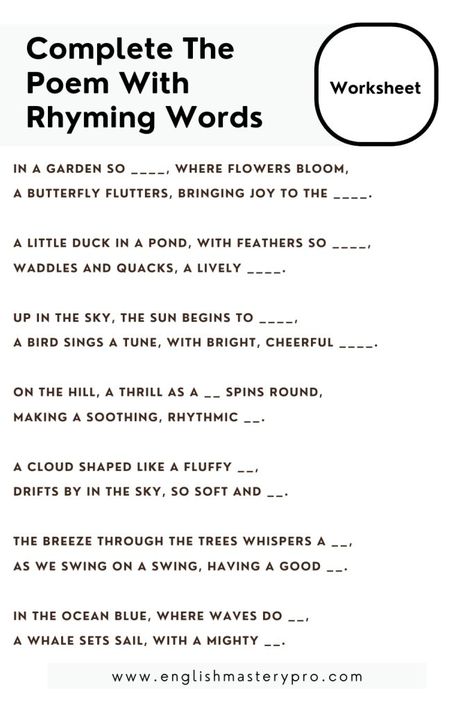 EMP Blog's | Sentence Structure & Skills 200 Sentences With Rhyming Words – With Worksheet!	ByEnglish mastery pro team January 25, 2024September 6, 2024 Poem With Rhyming Words, Rhyming Words For Kids, Simple Predicate, Poem For Kids, Grammar Sentences, 3 Letter Words, Word Bingo, Room Yellow, Three Letter Words