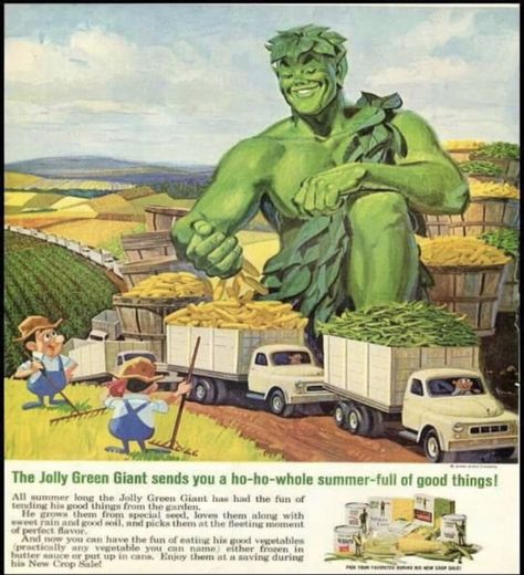 Jolly Green Giant, 1970s Ad Not a lot of planting in Jolly Green Giant land this year with all the flooding they've had this year. Jolly Green Giant, Green Giant, Old Advertisements, Bd Comics, Retro Advertising, Retro Ads, My Childhood Memories, Vintage Memory, Those Were The Days