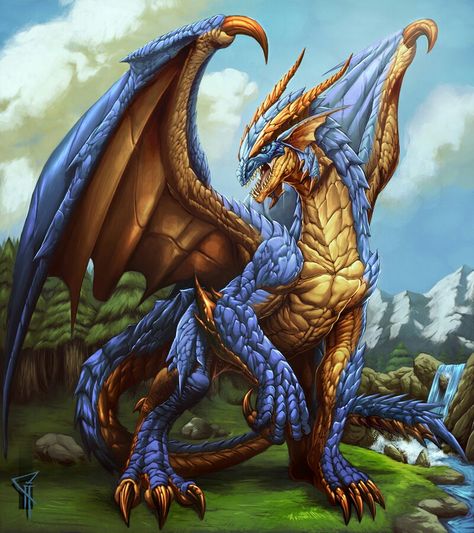 Blue and gold dragon Blue And Gold Dragon, Ancient Gold Dragon Dnd, Blue Dragon Wyrmling, Dragon On Gold Pile, Ancient Blue Dragon, Yin Yang Tattoos, Dragon Dreaming, Dragon's Lair, Cool Dragons