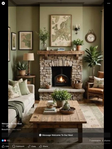 Country Family Room, Sage Living Room, Home Makeovers, Living Room Decor Inspiration, Cottage Living Rooms, Neutral Living Room, Home Fireplace, Living Room Decor Cozy, Living Room Green