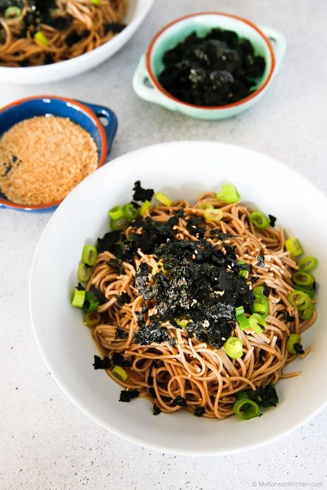 Guksu Korean, Korean Gochujang Noodles, Black Noodles Korean, Korean Somen Noodles Recipes, Cold Soba Noodle Recipe, Korean Buckwheat Noodles, Soba Noodles Recipe, Cold Soba, Korean Kitchen