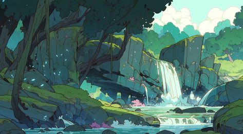 Forest Animation Background, Waterfall Animation, Forest With Waterfall, Jungle Environment, Game Background Art, Environment Painting, Forest Scenery, Fantasy Background, Background Drawing