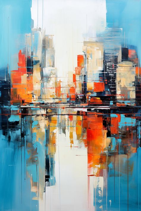 Explore Creative Abstract Canvas Painting Ideas - Proactive Creative - Guides for Visual Artists Abstract Art Buildings, Building Abstract Art, Abstract Canvas Painting Ideas, Abstract Painting Cityscapes, Painting Architecture Abstract, Abstract Skyline Painting, Abstract Painting Ideas, Cityscape Paintings, Abstract Cityscape