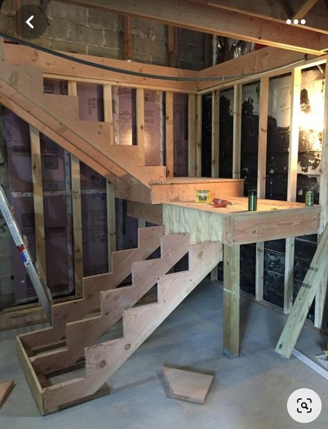 Building Basement Stairs, Moving Basement Stairs, Stairs With Landing, Basement Framing, Stair Landings, Stair Angle, Stair Construction, Door Stairs, Staircase Layout