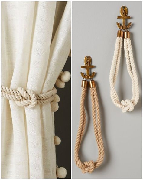 Chic rope curtain tie back ideas for any room in the home. These decorative rope tie backs will elavate your curtains and give them a nautical vibe. See all ideas featured on Completely Coastal -Shop the Look! Nautical Curtain Tie Backs, Curtain Rope Tie Backs, Tie Backs For Curtains, Nautical Curtain Ideas, Curtains Tie Backs Ideas, Curtain Tie Back Ideas, Tie Backs For Curtains Ideas, Beach Curtains, Curtain Tie Backs Diy