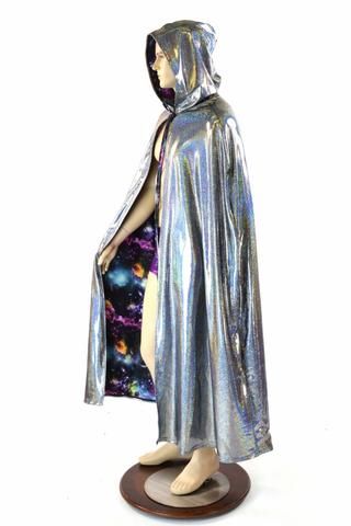 Silver Cape, Cape Cloak, Hood Hat, Space Outfit, Silver Holographic, Hooded Cape, Spandex Dress, Galaxy Print, Futuristic Fashion