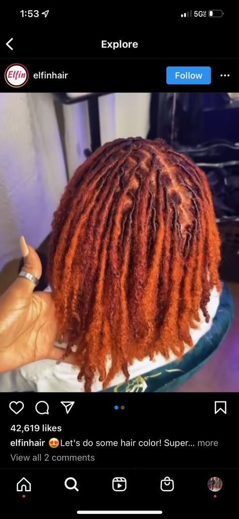 Copper Red Hair Color Black Women Locs, Burnt Orange Locs Dreadlocks, Ginger Copper Locs Black Women, Ginger Orange Locs Black Women, Loc Colored Tips, Paprika Locs Black Women, Loc Colors For Black Women, Fall Loc Colors Ideas, Loc Fall Colors