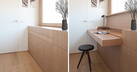 YLAB Arquitectos have hidden a desk in plain sight when they designed a small and modern apartment. The custom-made furniture piece has a hinged top, that when opened, can be used as a desk, and when more space is needed, a section of the cabinetry can be pulled out. #Desk #HiddenDesk #BuiltInDesk #InteriorDesign Hidden Office Cabinet, Pull Out Desk Built Ins, Hidden Built In Desk, Modern Built In Desk, Smart Desk Ideas, Pull Down Desk, Integrated Desk, Hidden Desk, Design Desk