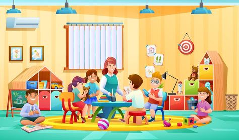 Teacher and children activity in kindergarten classroom vector illustration Classroom Illustration, Cool School, Kids Classroom, Too Cool For School, Kindergarten Classroom, The Teacher, School Outfit, School Activities, Activities For Kids