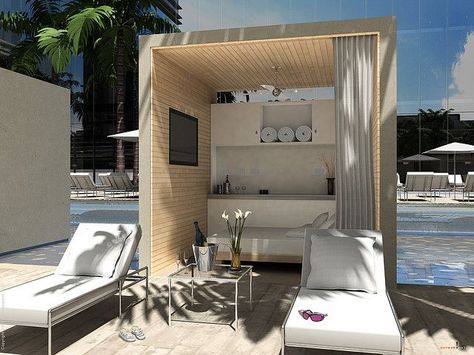 W Las Vegas Pool Cabana Rendering by nerdymark, via Flickr Small Poolside Cabana, Open Pool Cabana, Pool Cabana Aesthetic, Pool Cabana With Fireplace, Modern Pool Cabana With Bar, Backyard Pool Cabana, Las Vegas Penthouse, Vegas Pools, Pool Porch