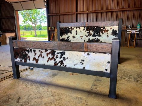 Cow Print Headboard, Western King Bed Frame, Diy Cowhide Headboard, Cowhide Furniture Diy, Western Bed Frame Rustic Bedrooms, Horse Room Ideas, Western Home Interior, Western Bed Frame, Cowhide Ideas