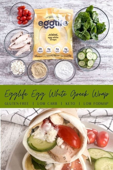 ingredients to make the recipe and two wraps stacked on top of each other on a white platter. Recipes With Egg Wraps, Greek Chicken Wrap, Wrap Recipes For Lunch, Greek Wrap, Egg White Wraps, Hummus Chicken, Chicken Feta, Fodmap Lunch, Low Fodmap Recipes Dinner