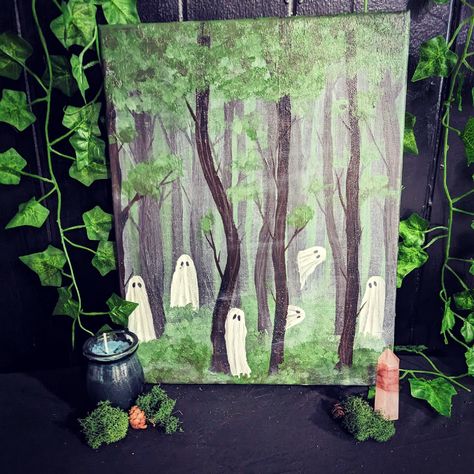 Haunted Forest Acrylic Painting - Etsy.de Ghost In Forest Painting, Forest Acrylic Painting, Dark Art Paintings, Procreate Ideas, Bigfoot Art, Black Cat Painting, Mushroom Paint, Face Artwork, Halloween Wood Crafts