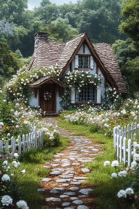 Whimsical cottage with roses and picket fence. Ever wondered what it’s like to live in a fairy tale, fireplaces crackling and turrets gleaming, without eating enchanted apples or dodging mischievous dwarves? Cottage Mini House, Enchanted Cottage Interior, Cottage Dream House, Cottage In The Woods Fairytale, Cottagecore Town, Fairytale Cottage Interiors, Cozy Cottage Exterior, Inside Cottage, Vintage Cottage House