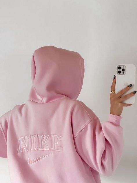 Pink Hoodie Outfit, Embroidery Crewneck, Light Blue Prom Dress, Tank Top Long, Hoodie Aesthetic, Cute Lazy Outfits, Lazy Outfits, Pink Nikes, Hoodie Outfit