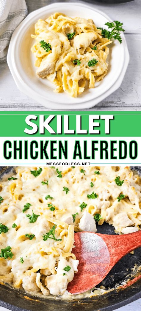 Looking for a quick, delicious dinner idea? Try our Skillet Chicken Alfredo Casserole recipe! Skillet Chicken Alfredo Pasta, Chicken Pasta Skillet Recipes, Electric Skillet Recipes Chicken, One Pan Blackened Chicken Alfredo, Chicken Alrefredo Recipe, Baked Chicken Alfredo Pasta, Chicken Alfredo Casserole, Easy Skillet Chicken, Chicken Alfredo Recipes