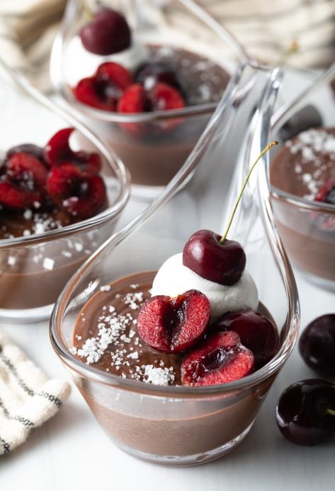 The Ultimate Chocolate Budino Recipe (Italian Chocolate Pudding) - A classic Italian recipe for the most rich and delicious chocolate pudding. Top with whipped cream and fresh cherries, plus a sprinkle of sea salt, and serve as a decadent dessert that everyone will love! Prep and cook time is just 15 minutes total, then the budino is chilled to perfection in only 2 hours. | A Spicy Perspective Chocolate Budino Recipe, Budino Recipe, Chocolate Budino, Butterscotch Recipes, Homemade Chocolate Pudding, Strawberry Pudding, Italian Chocolate, Chocolate Pudding Recipes, Recipe Italian