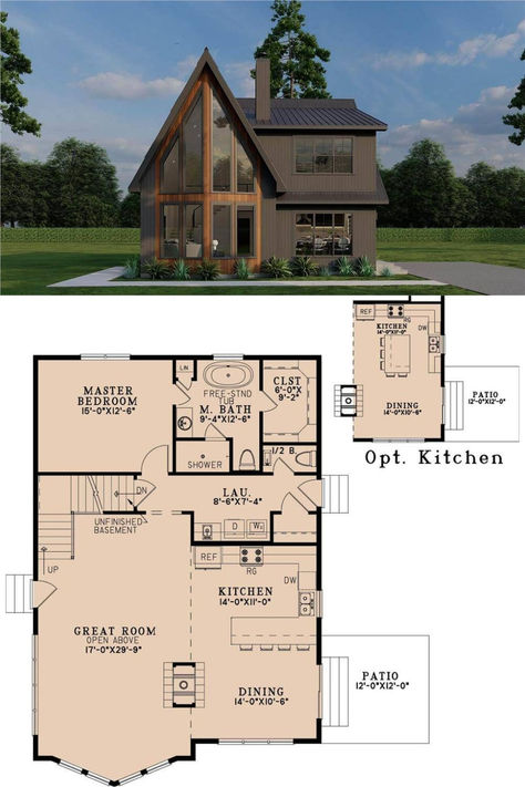 3-Bedroom Cabin with Open Living Space and Balcony Loft (Floor Plan) House With Loft Floor Plans, Cabin 3 Bedroom, 2 Bedroom Loft, Loft Floor Plan, 3 Bedroom Cabin, Loft Floor Plans, Loft Floor, Cabin Loft, Loft House Design