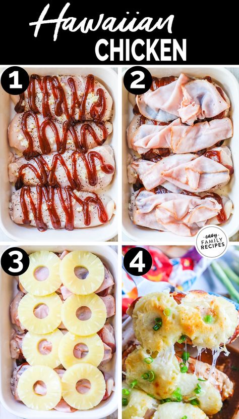 This Baked Hawaiian Chicken is the perfect weeknight dinner. It is packed full of flavor and the dish comes together in just a few minutes. This one dish dinner only has a handful of ingredients, but there is no shortage of flavor. Chicken, BBQ Sauce, salty ham, sweet pineapple, and savory cheeses all bake to perfection and your family will be asking for seconds. Baked Hawaiian Chicken can be served with many different sides, but I suggest rice, roasted asparagus or even a cold pasta salad. Hawaiian Chicken Casserole Recipes, Hawaiian Chicken Oven, Hawaiian Chicken Rice Bowl, Easy Hawaiian Chicken, Baked Pineapple Chicken, Chicken Bbq Sauce, Hawaiian Chicken Recipes, Pineapple Chicken Recipes, Sheet Pan Dinners Chicken