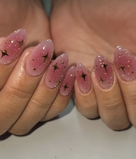 Builder Gel Nails Design Pink, Jelly Pink Nails Design, Blush Nails With Stars, Love Witch Nails, Gel Manicure Inspo Short, Pink Nails Unique, Era Tour Nail Ideas, Pink Nails With Gold Stars, Witchy Vibes Nails