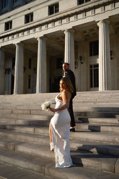 Editorial Courthouse Wedding Photos in Miami | Intimate Weddings | Ramses Garcia Photo | The bride wore a chic bridal dress and groom kept it classy for their miami courthouse elopement. Find more courthouse wedding outfit ideas, chic courthouse wedding inspo, editorial wedding photography, and editorial wedding portraits. Book Ramses for your miami elopement at ramsesgarciaphoto.com Courthouse Wedding Photo Shoot, Miami Beach Courthouse Wedding, Gen Z Wedding, Courthouse Wedding Outfit, Courthouse Photos, Miami Elopement, Chic Bridal Dress, Simple Elopement, Court Pictures