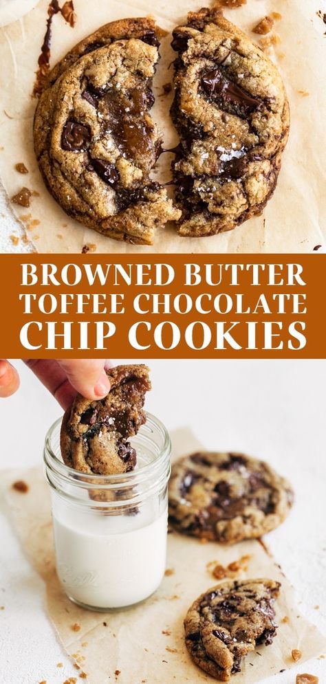 Crumbl Cookie Copycat Sea Salt Toffee, Brown Butter Toffee Cookies, Toffee Bits Recipe, Loaded Cookies, Toffee Chocolate Chip Cookies, Toffee Chocolate, Homemade Toffee, Brown Butter Chocolate Chip Cookies, Toffee Cookies