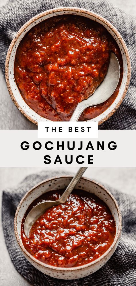 Spicy and slightly sweet, this gochujang sauce is delicious served over chicken or meatballs, as a dipping sauce for spring rolls, or as a sauce for bibimbap. This sauce is easy to make and stores well, making it a great sauce to have on hand at all times. How To Make Gochujang Sauce, Spicy Gochujang Sauce, Gochujang Recipe Sauces, Homemade Gochujang Recipe, Gochujang Dipping Sauce, Korean Sauces, Gochujang Sauce Recipe, Fondue Dipping Sauces, Sauce For Spring Rolls