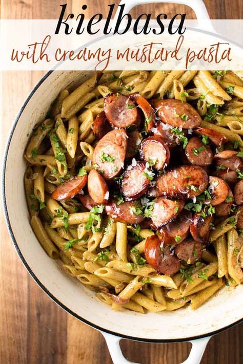 Kielbasa with Creamy Mustard Pasta #mustardsauce #creamsauce #sausage #kielbasa #penne #pasta #comfortfood #dinner #cooking #recipes Mustard Pasta, Kilbasa Sausage Recipes, Smoked Sausage Recipes Pasta, Cozy Pasta, Kielbasa Pasta, Easy Sausage Recipes, Smoked Sausage Pasta, Mustard Cream Sauce, Dinner Sausage