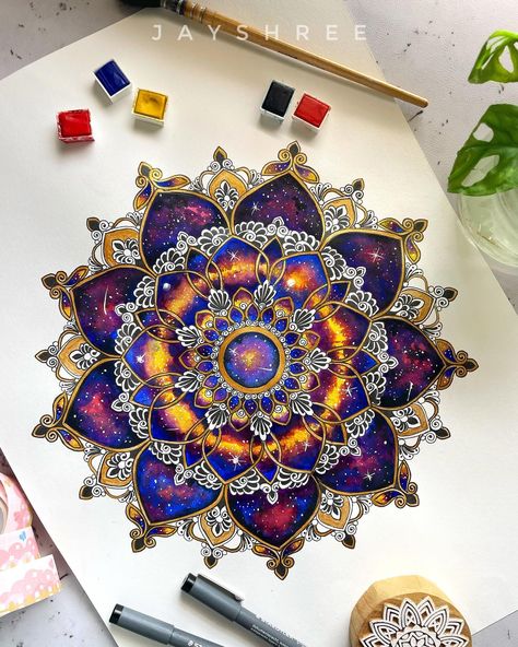 Stargazing Mandala ✨ Watercolour and Pigment ink on paper . . . #mandala #mandalaart #mandalaartist #motif #watercolourart #watercolorpainting #painting #indianart Mandala Mixed Media Art, Healing Mandala Design, Mandala Coloring Ideas, Mandala Painting Ideas, Mandala Drawing Ideas Creative Beautiful, Mandala Drawing Colourful, Mandala Art Ideas Creative, Watercolor Mandala Art, Mandala Art Colorful