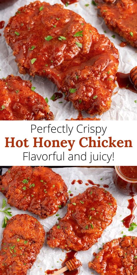 Savor the taste of crispy Hot Honey Chicken! Chicken breasts are soaked in buttermilk, breaded with panko, and fried to perfection. The sweet and spicy hot honey sauce makes this dish the best-ever, adding a burst of flavor that’s truly next-level. An ideal chicken breast dinner idea for any night of the week! Fried Chicken Recipe Spicy, Recipes With Chicken Bites, Hot And Honey Chicken Tenders, Breaded Chicken With Sauce, Boneless Chicken Wing Recipes, Hot Sauce Chicken Recipes, Hot Honey Sauce For Chicken, Chicken Finger Dinner Ideas, Hot Honey Chicken Bites