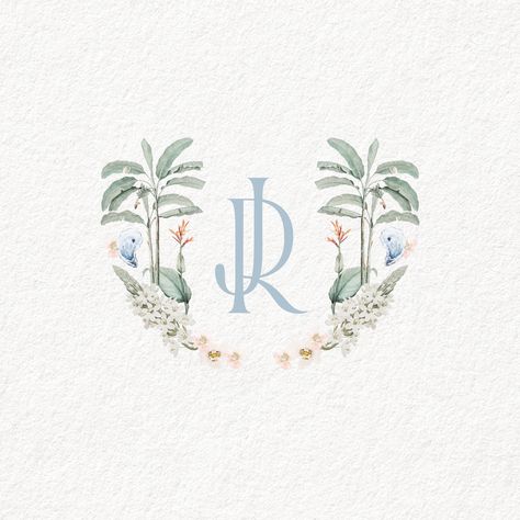 Calligraphy Monogram, Watercolor Png, Crest Illustration, Wedding Monogram, Tropical Monogram, Floral Wedding Monogram, Watercolor Wedding Crest, Wedding Crest Save The Date, Beach Monogram