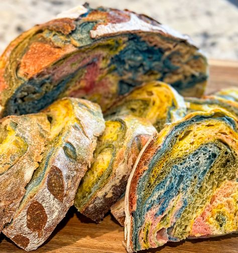 Rainbow Sourdough Loaf - Sourdough and Mor Superbowl Sunday Food, Elk Recipes, Le Creuset Dutch Oven, Sourdough Loaf, Bread Lame, Organic Bread, Mardi Gras Food, Sunday Recipes, Venison Recipes