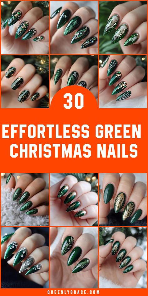 Unwrap the gift of gorgeous green Christmas nails! Discover 30 festive designs that capture the joy of the season. From whimsical reindeer silhouettes on a green base to elegant gold-flecked emerald patterns, these nail art creations will elevate your yuletide look. Blend classic motifs with trendy techniques for a truly unique style. Perfect for adding a touch of holiday magic to your everyday ensemble or special occasion attire. Hunter Green Coffin Nails, Green And White Sparkly Nails, Emerald Green Nails With Gold Design, Festive Nails Green, Christmas Nails 2024 Green, Holiday Nails Winter Christmas Green, Festive Green Nails, Green Xmas Nails Designs, Dark Green Christmas Nails Holidays