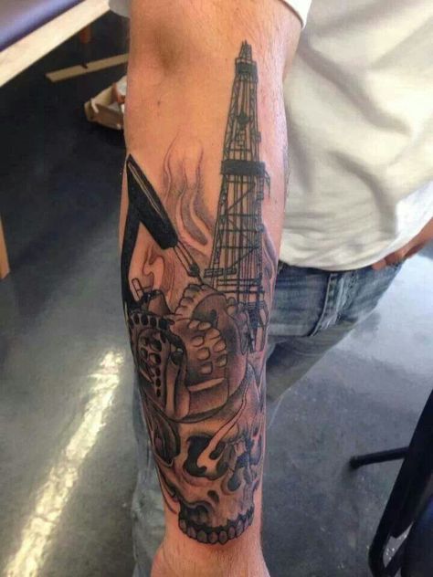 Oil Field Tattoos For Men, Oil Derrick Tattoo, Rig Tattoo, Texas Oilfield Tattoos, Oil Rig Tattoo, Engine Tattoos For Men, Heart With Wings Tattoo, Oilfield Trash, Archangel Tattoo