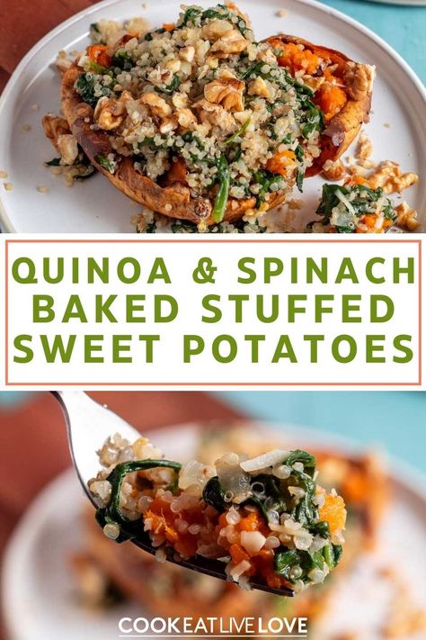 Baked stuffed sweet potatoes with quinoa and spinach make a nice change for a dish that's a little bit different that most sweet potato recipes. Quinoa adds a bit of protein making this dish an easy main meal or side! You're going to love how simple it is to make and you can even use it for meal prep It's great for a quick lunch or easy weeknight dinner. Spinach And Sweet Potato Recipes, Sweet Potato And Quinoa Recipes, Quinoa And Sweet Potato Recipes, Quinoa Sweet Potato Recipes, Stuffed Sweet Potato Recipes, Quinoa And Spinach, Quinoa Sweet Potato, Making Baked Potatoes, Tofu Recipes Vegan