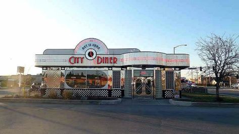 City Diner is located in Anchorage. Its shiny exterior is hard to miss and three simple words on the sign, "GET IN HERE," tell you exactly what to do. Vintage Diner Exterior, Retro Dinner Exterior, 90s Diner Exterior, 1950s Diner Exterior, 60s Diner Exterior, 50s Diner Exterior, Diner Exterior Design, Bloxburg Diner Exterior, American Diner Exterior