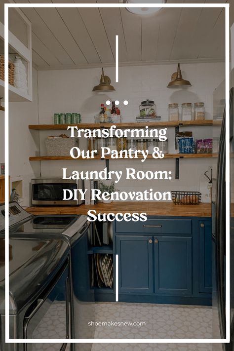 Stylish pantry and laundry room with blue cabinets and wooden shelves featuring neatly arranged jars and baskets. Home Updates That Add Value, Modern Vintage Bathroom, Outdoor Living Kitchen, Home Updates, Pantry Laundry Room, Pantry Laundry, Add Value To Your Home, Murphy Bed Diy, Laundry Room Renovation