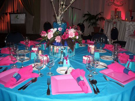 Carl Hart uses shades of teal, blue and pink to interpret the bride's decor theme. Fuschia Wedding Decorations, Pink And Blue Wedding Decor, Fuchsia Wedding Colors, Fuchsia Wedding Theme, Teal Wedding Theme, Blue Wedding Decor, Pink And Blue Wedding, Pink And Gold Decorations, Pink Table Settings