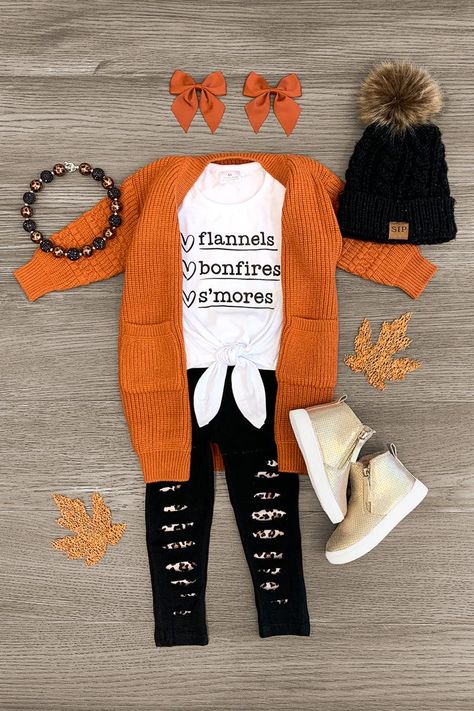 "Flannels, Bonfires, S'mores" Legging Set | Sparkle In Pink Girls Fall Fashion 2024, Distressed Leggings, Sparkle In Pink, Trendy Kids Outfits, Toddler Fall, Flannel Dress, Cute Cardigans, Mommy And Me Outfits