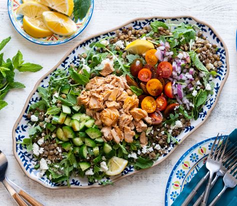 This is the ultimate flavorful tuna salad filled with fresh herb, lentils and all your favorite salad toppings. Yellowfin Tuna, Calabrian Chili, Small Cucumber, Salad Toppings, Lentil Salad, Tuna Salad, Fresh Mint, Arugula, Salmon Recipes